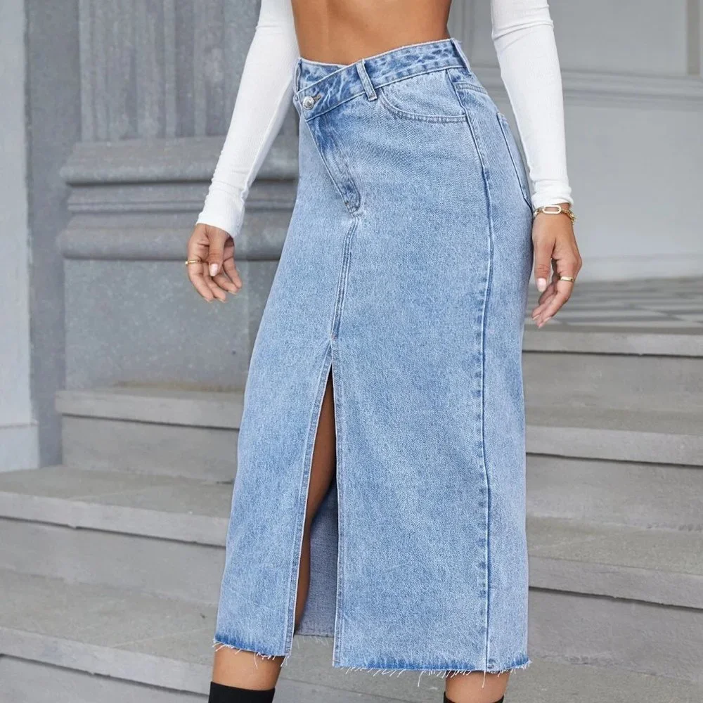 Light Wash Casual Womens High Waist Split Hem Denim Skirt - Picture 4 of 4